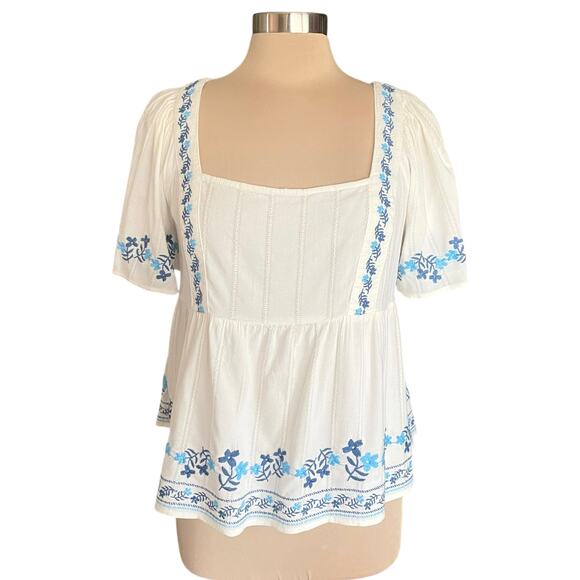 Old Navy Y2K Babydoll Floral Embroidery Top Sz L Boho Peasant Cottagecore Casual - Picture 3 of 10